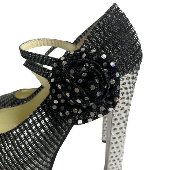 Gatuxus Metallic Platform High Heels Womens 7 Black Silver Straps Flower - Picture 6 of 9